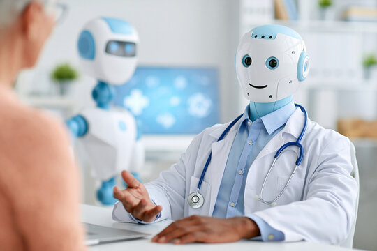 White robot doctor smiles warmly at patient. Stethoscope rests on collar, hands gesture mid-conversation. Clinic background shows soft lighting and clean surfaces. Professional tone suggests trust