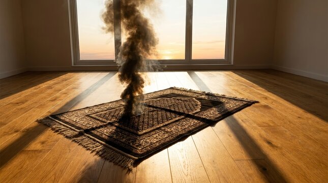 Islamic Prayer Rug on Fire with Thick Black Smoke in Empty Room