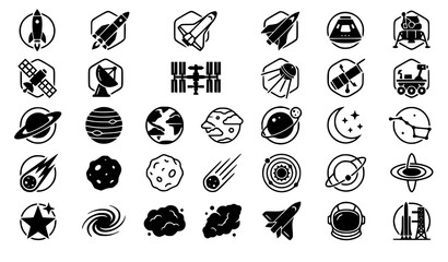 Space Exploration Spaceship Rocket Satellite and Celestial Vector Icon Collection © MDJiaur