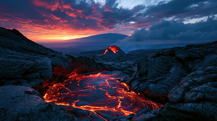 Fototapeta premium Lava field at sunset with volcano in distance and red hot pool glowing among dark volcanic rock under dramatic cloudscape