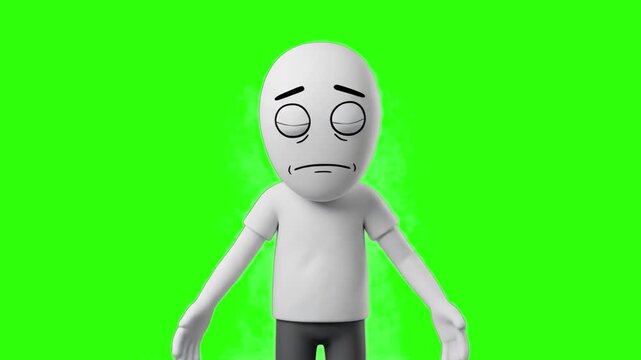 A detailed 3D illustration of a pale, tired character standing in an exhausted pose with closed eyes and faint steam or aura rising, isolated on a solid green chroma key backdrop. Great for video edit