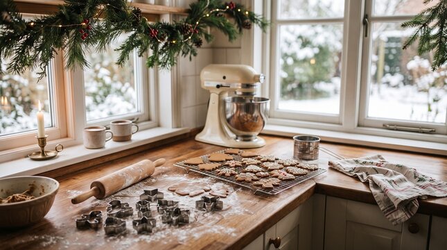 Christmas cookie baking process with gingerbread dough cutters and rolling pin in kitchen for National Cookie Day
