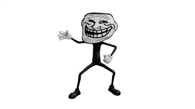 Classic 3D trollface character smirking slyly and dancing with outstretched arms isolated against a bright light background. Excellent for trolling videos, viral comedy clips, internet meme reactions,