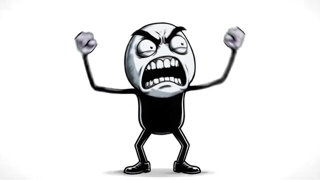 Dynamic 3D render of a furious rage meme character screaming with wide eyes and clenched fists raised in anger on a white background. Great for comedy videos, viral meme reactions, dramatic social med