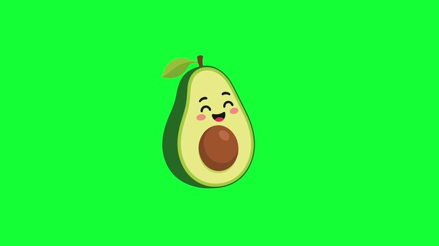 Avocado animated smiling cute cartoon superfood mascot in 4k green screen background
