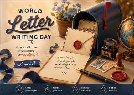 Celebrating World Letter Writing Day with vintage elements like a mailbox, ink pen, inkwell, stamps, and a globe, encouraging connection and expression