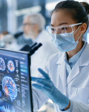 Scientist wears lab coat and face mask. Gloved hand gestures toward brain scan data. Screen displays detailed neurological images. Background shows another researcher observing
