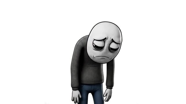 A poignant 3D render of a melancholic meme character standing with slouched shoulders, head down, and a sad face expression, isolated against a plain white backdrop. Ideal for emotional video topics, 