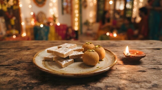 Kaju katli and laddoo sweets served on a plate with a lit diya lamp for diwali festival