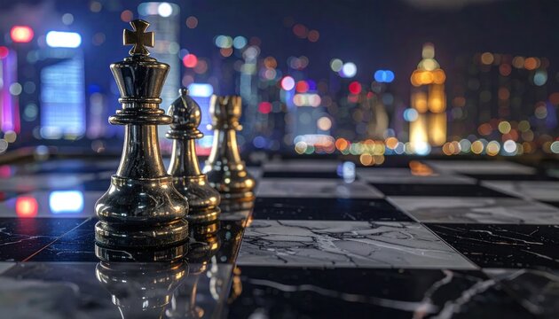 Chess pieces on marble board against city skyline background.