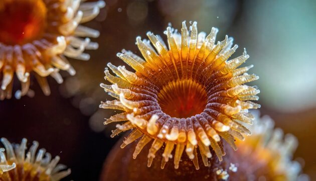 Macro view of orange and yellow aquatic polyps.