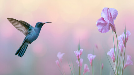 Naklejka premium Macro photograph of hummingbird hovering beside pink flower, wings spread against soft pastel garden background, creating delicate and peaceful nature scene