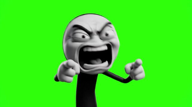 A dynamic 3D rendering of an angry rage comic style character shouting and aggressively pointing both fingers, isolated on a solid green chroma key screen. Perfect for internet meme edits, video react
