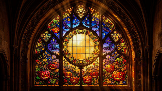 Gothic Cathedral Stained Glass Halloween Background with Sunbeams and Copy Space