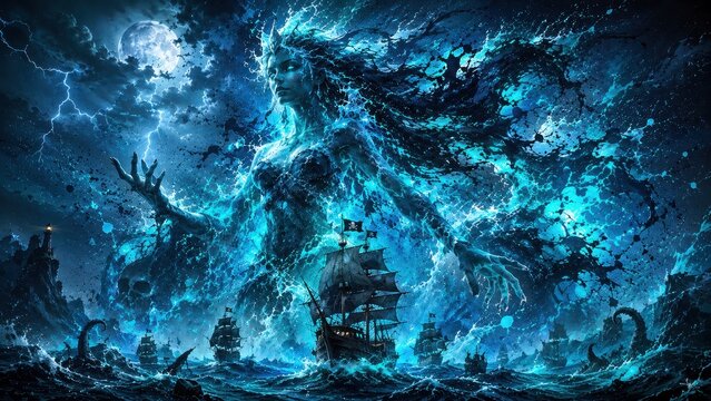 Mythological sea monster, Kraken, attacking ships in a stormy ocean with lightning strikes