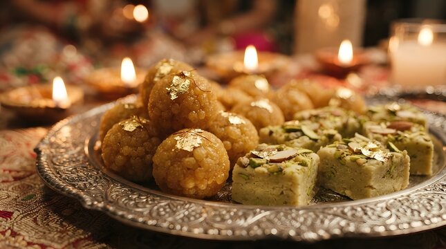 Traditional indian sweets laddu and pista barfi garnished with edible gold leaf served on an ornate silver platter during a festive celebration