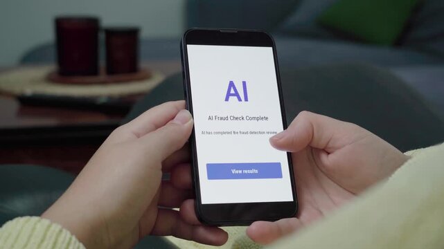 Hands hold a phone showing an AI Fraud Check Complete message with a View results call-to-action on a clean app screen.