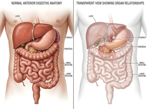 Human digestive system anatomy diagram comparison isolated on white background