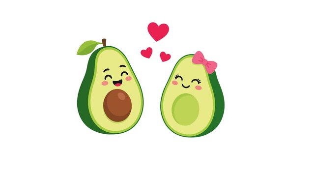 Avocado couple animated floating hearts romantic love food in 4k isolated on white background