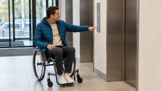 Man in wheelchair pressing elevator button