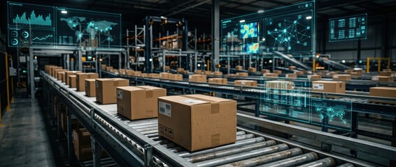 Fototapeta premium Automated Warehouse Conveyor System with Cardboard Boxes Moving Efficiently.