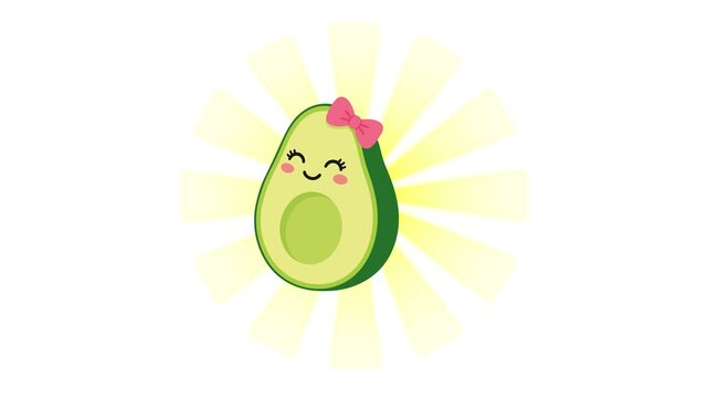 Avocado girl animated shining with pink ribbon and sunburst in 4k isolated on white background
