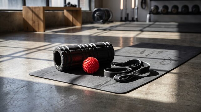 High-Density Foam Roller and Trigger Point Massage Ball on Gym Mat