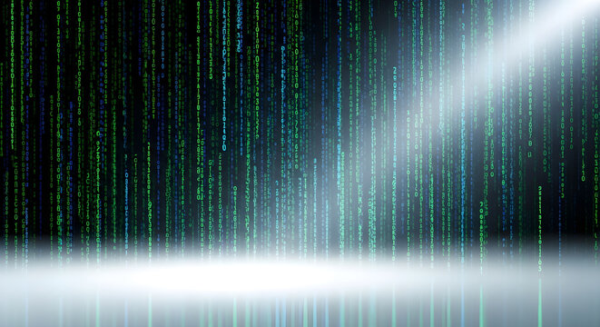 Abstract digital background featuring a futuristic data matrix with falling green and blue light streams and a central glowing spotlight effect