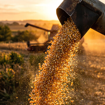 Harvesting Golden Corn Kernels from Combine Harvester at Sunset