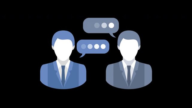 Flat animated vector graphic footage of two businessmen having a conversation dialogue with speech bubbles in 4k video b-roll