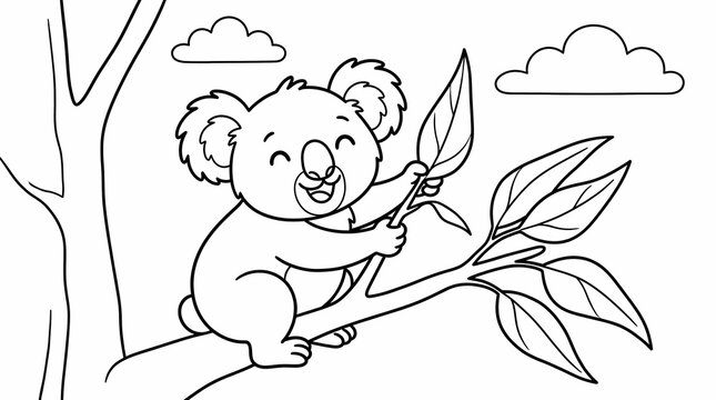 Cute cartoon koala sitting on a tree branch holding a leaf, coloring page illustration for children.