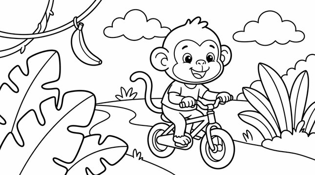Cute cartoon monkey riding a bicycle on a tropical jungle path, coloring book page for children.