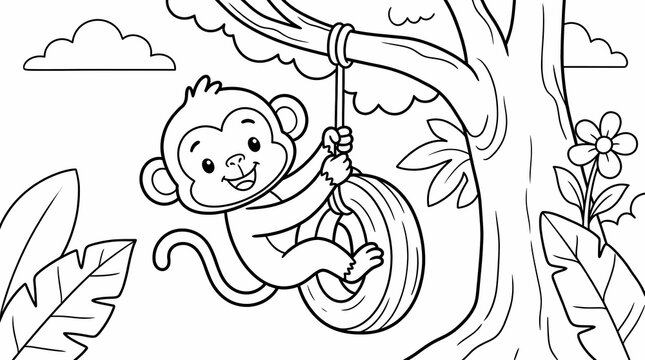 Cute cartoon monkey swinging on a tire swing in a jungle forest coloring page illustration.