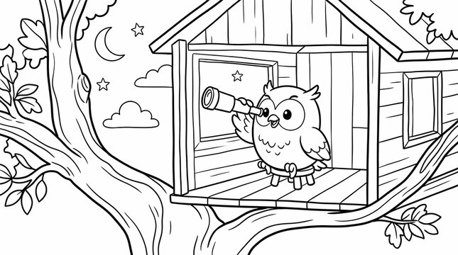 Cute cartoon owl looking through a telescope from a wooden treehouse at night for a kids coloring page.