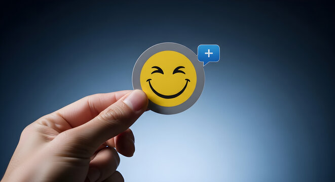 Hand holding a smiling circular emoji icon with a social media notification symbol representing positive digital communication and feedback