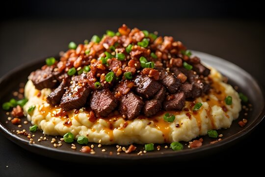 japanese teriyaki steak loaded mashed potatoes on a plate