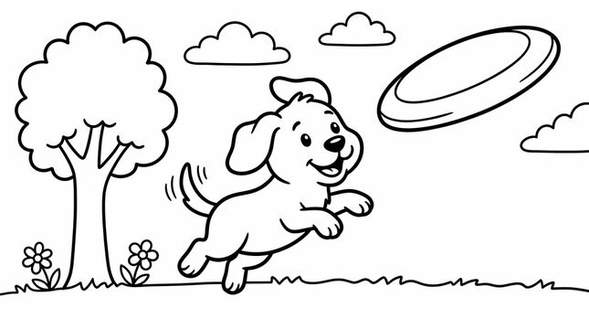 Cheerful puppy jumping to catch a flying disc in an outdoor park for a children's coloring page.