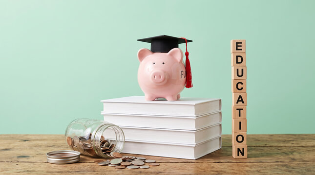 School planning finance back education saving piggy bank graduation cap book stack coin wood block. Education student learning study graduation. back school, money saving budget cost investment
