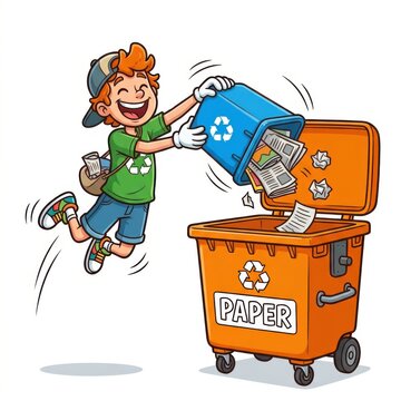 Happy boy throwing waste paper into a large orange recycling bin illustration