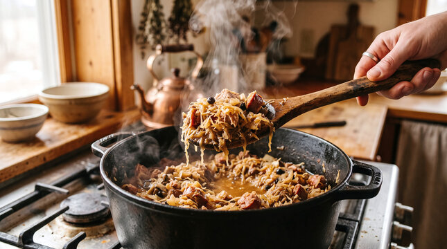 Serving hot steaming Polish bigos hunter's stew from a cast iron pot