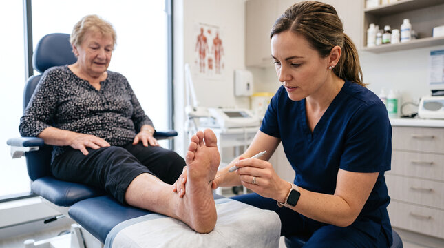 Podiatrist testing diabetic neuropathy on senior patient's foot in clinic