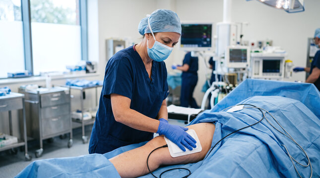 Surgical nurse placing a diathermy pad on patient's thigh in operating room