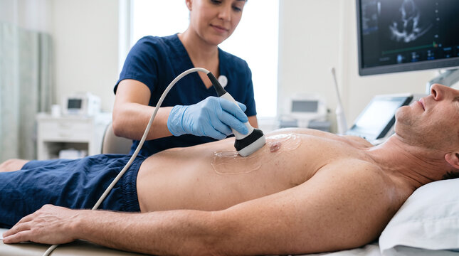 Female cardiologist performing echocardiogram ultrasound scan on male patient