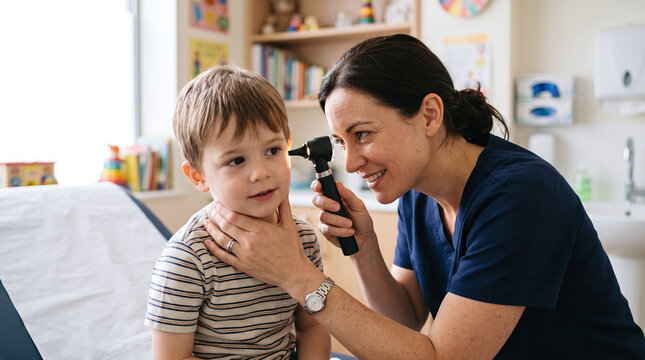 Female pediatrician checking a young boy's ear with an otoscope in a clinic.