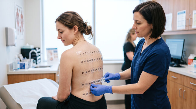 Doctor applying allergy patch test strips on a female patient's back.