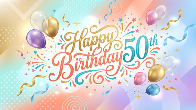 Pastel Happy 50th Birthday with Balloons and Confetti