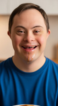 Smiling man with down syndrome and saliva on chin looking at camera wearing blue t-shirt indoors