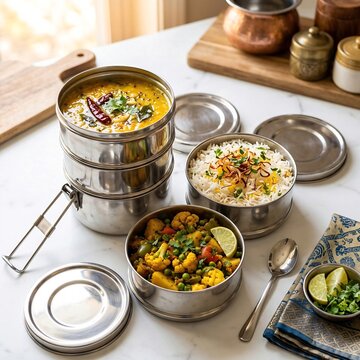 stainless steel Indian tiffin box, unlatched and arranged on a clean white surface. The tiers are filled with vibrant yellow dal tadka, aromatic basmati rice garnished with fried onions,