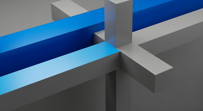 Abstract Architectural Composition Featuring Intersecting Blue and Gray Geometric Cuboid Shapes in a Minimalist Three Dimensional Structural Design