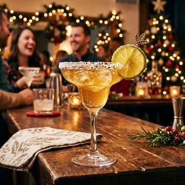 Golden margarita in a salted-rim glass with a slice of candied lime, Margarita, salted rim, candied lime, gold tones, festive, holiday drinks, party drinks, bar drinks, healthy drink, 